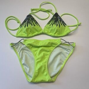 Victoria's Secret Swim Bikini 2 Piece Set Size Small Neon Green Silver Sequins